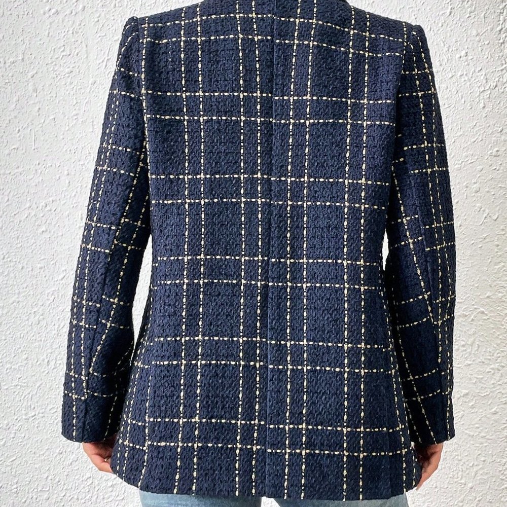 Blue Casual Womens Houndstooth Print Open Front Blazer - Picture 2 of 5